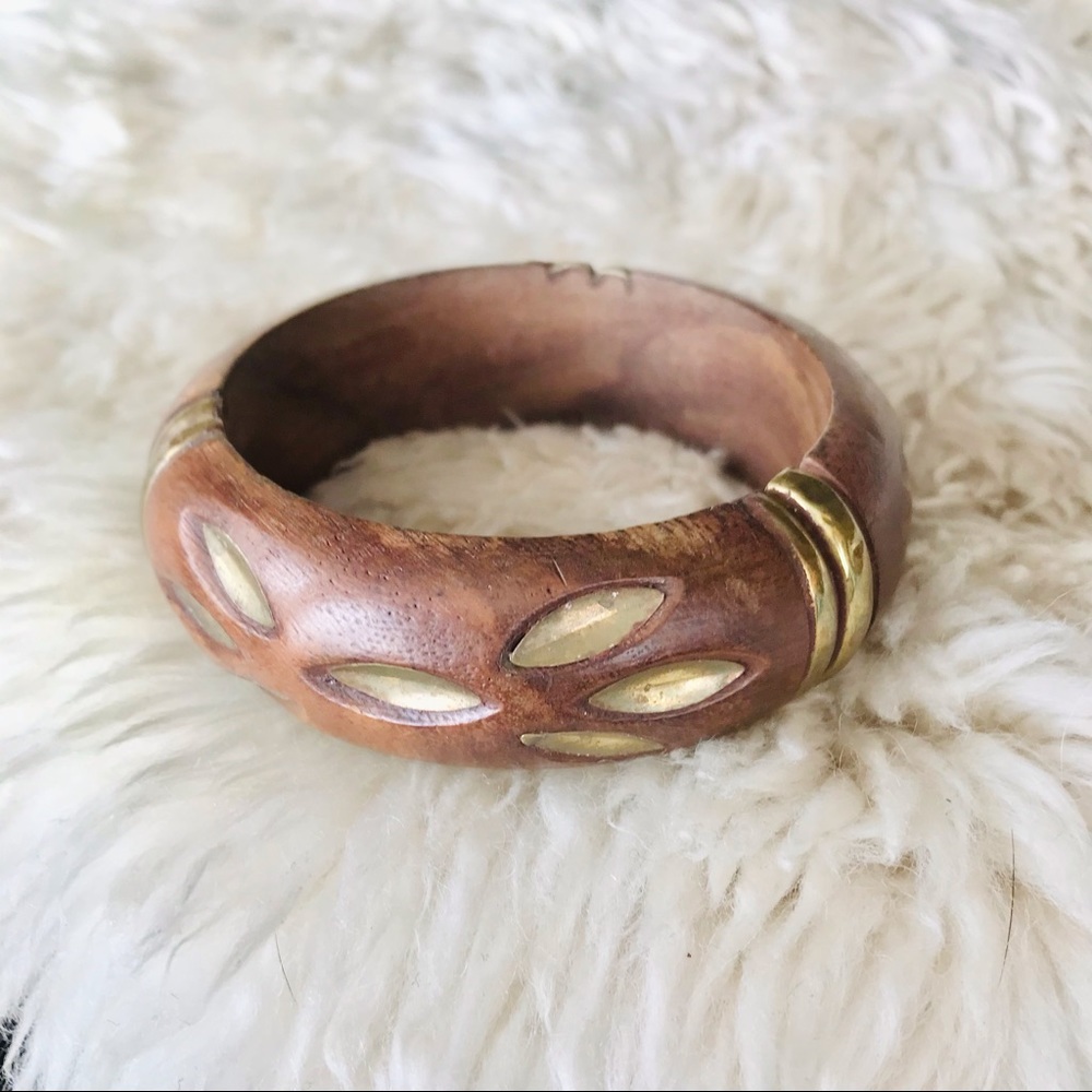 Vintage wood and brass inlay bangle bracelet